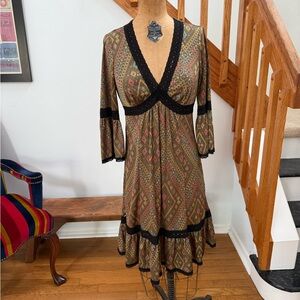 Betsey Johnson Olive Print Dress with Black Lace Trim